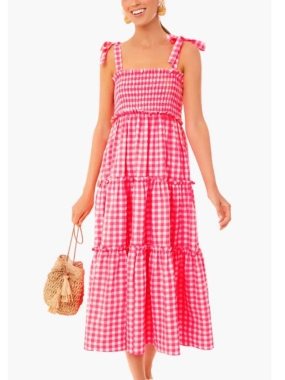 Tuckernuck Pomander Small Neon Pink Gingham Tiered Smocked Nellie Midi Dress